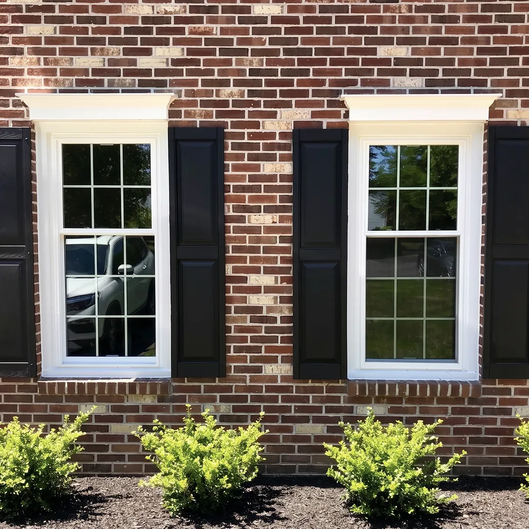 Brick facade after installing black-framed replacement windows