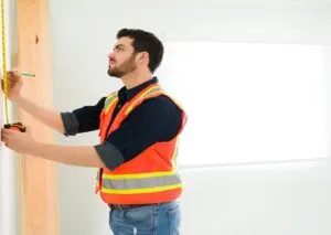 A door replacement worker marking the wall for the door replacement procedure