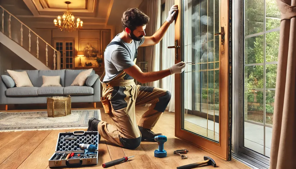 A guy repairing a glass door