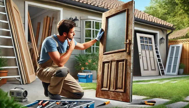 A guy holding a rusty door