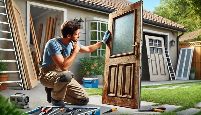 A guy holding a rusty door