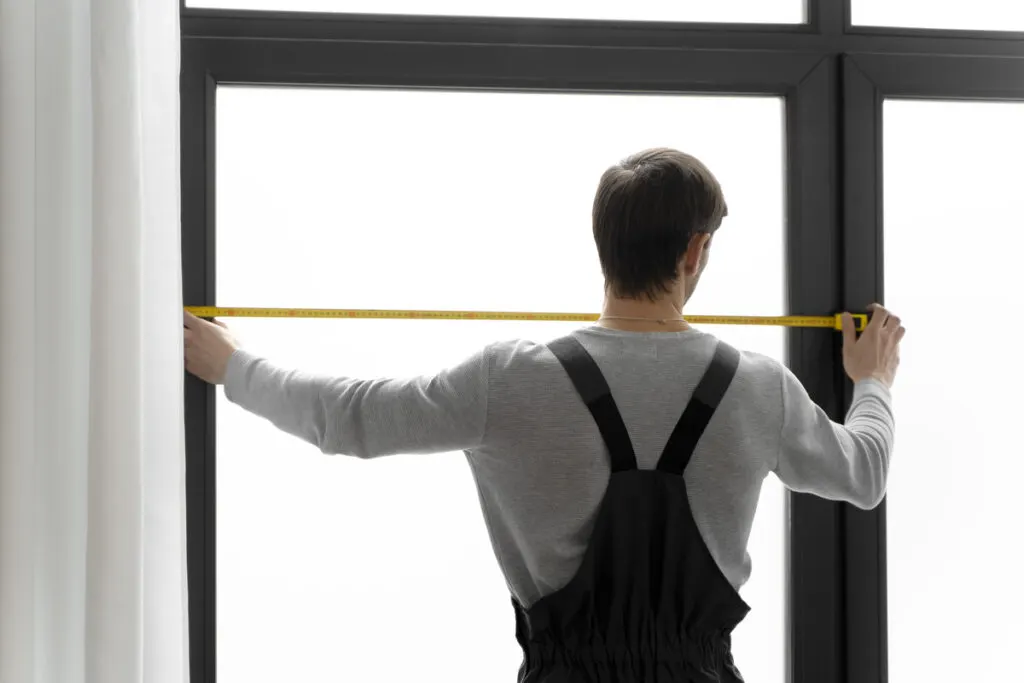 A window installer measuring a window frame
