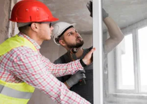 Two workers working hand in hand to fix the and install the window replacement in the room