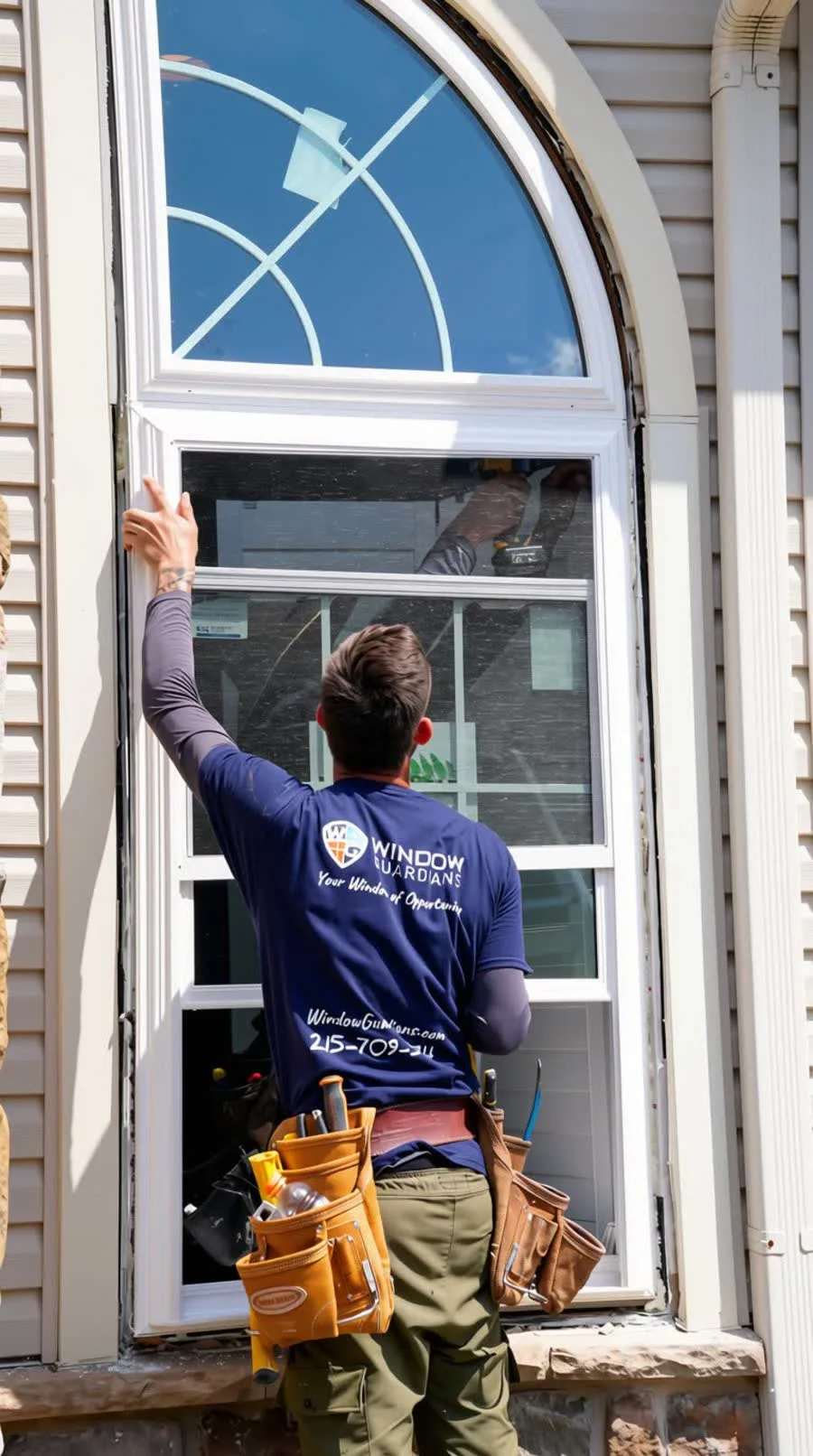 Installer setting an arched window