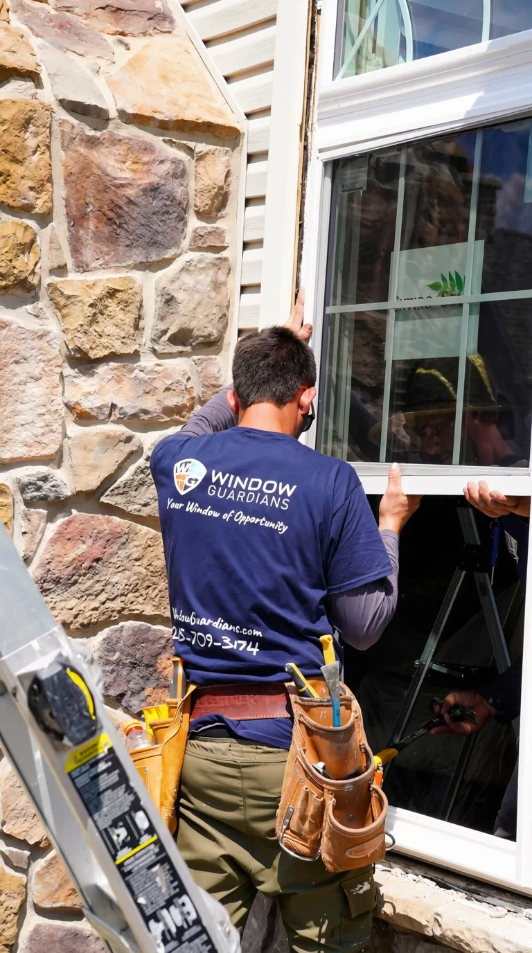 Window Guardians crew installing a window on a stone house in Bucks County