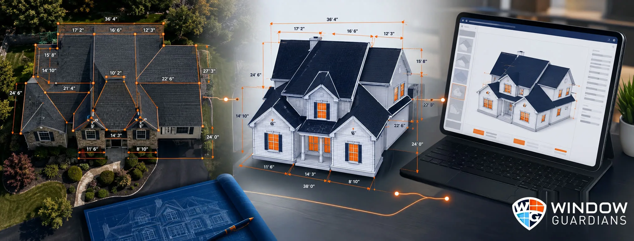 Satellite roof measurements, a 3D model, and the finished model on screen