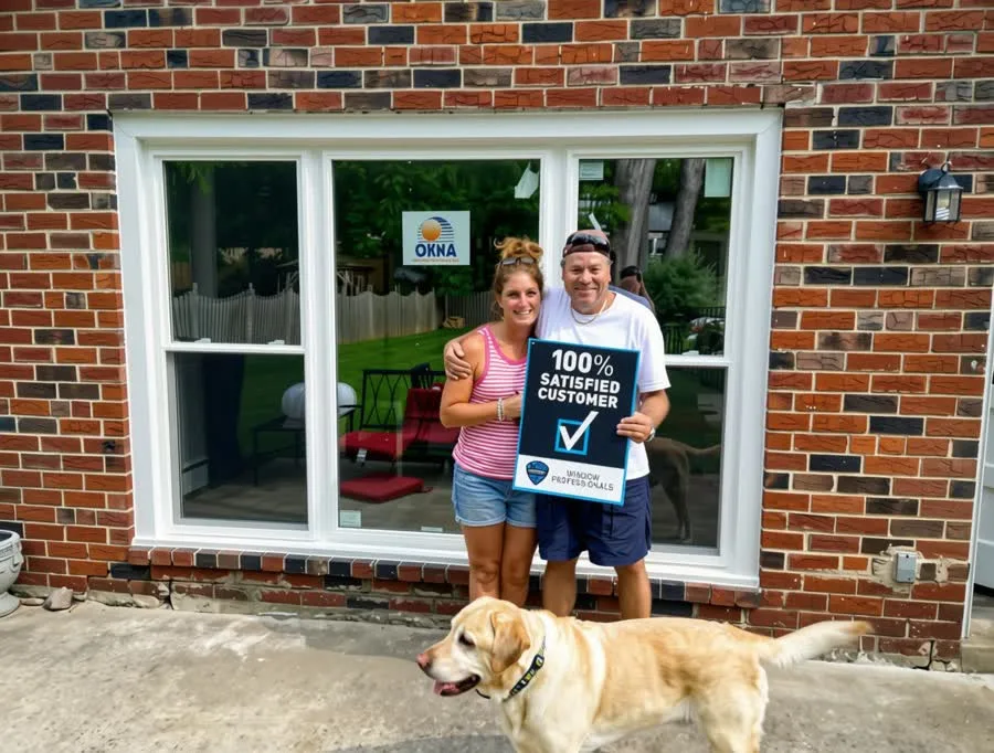 Happy homeowners and their dog in front of their new picture window