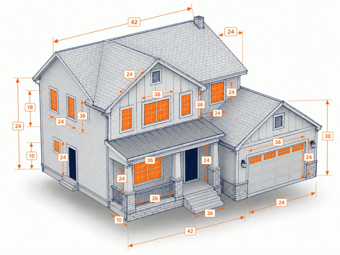 3D model of a two-story home with windows highlighted in orange and doors in navy