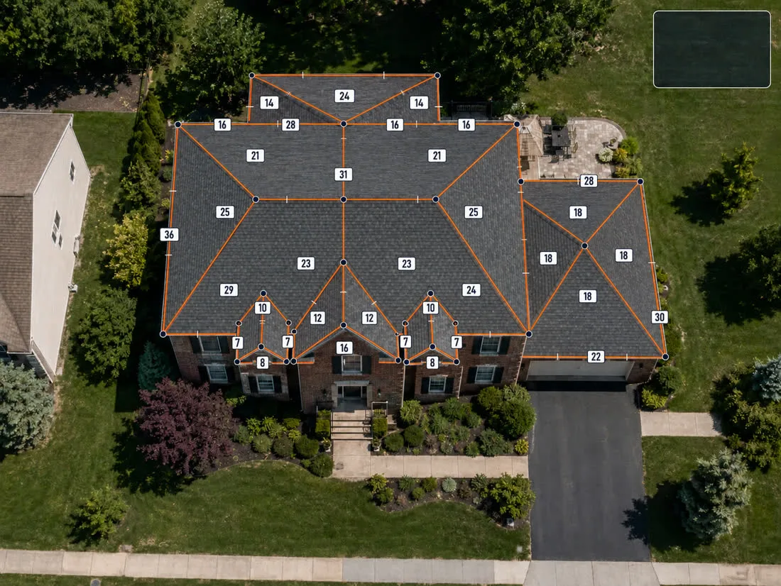 Aerial view of a Bucks County home with measurement lines tracing every roof edge
