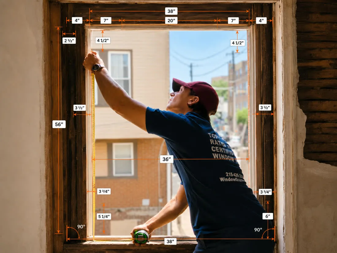 Installer measuring a window opening by hand