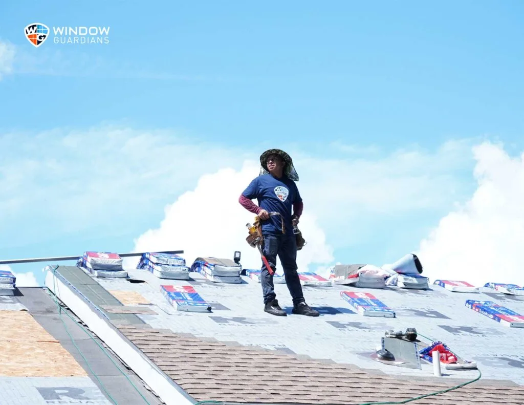 Roofing crew working on a residential roof