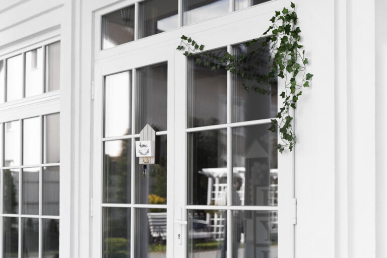 A white glass window with green plants on the sill